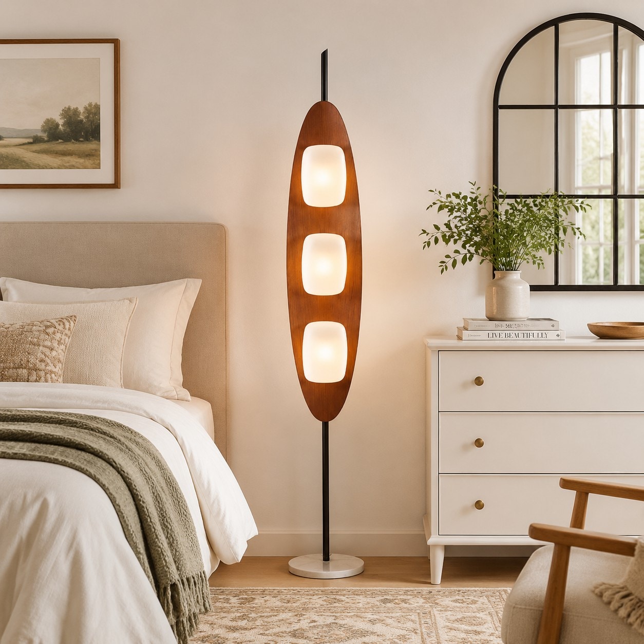 Lampada da terra Bauhaus color noce accanto a un letto e a una cassettiera in una camera da letto accogliente.