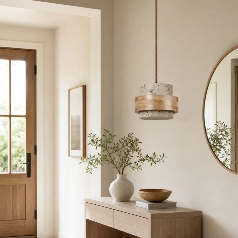 Lampada a sospensione singola in travertino per interni dai toni neutri e caldi.