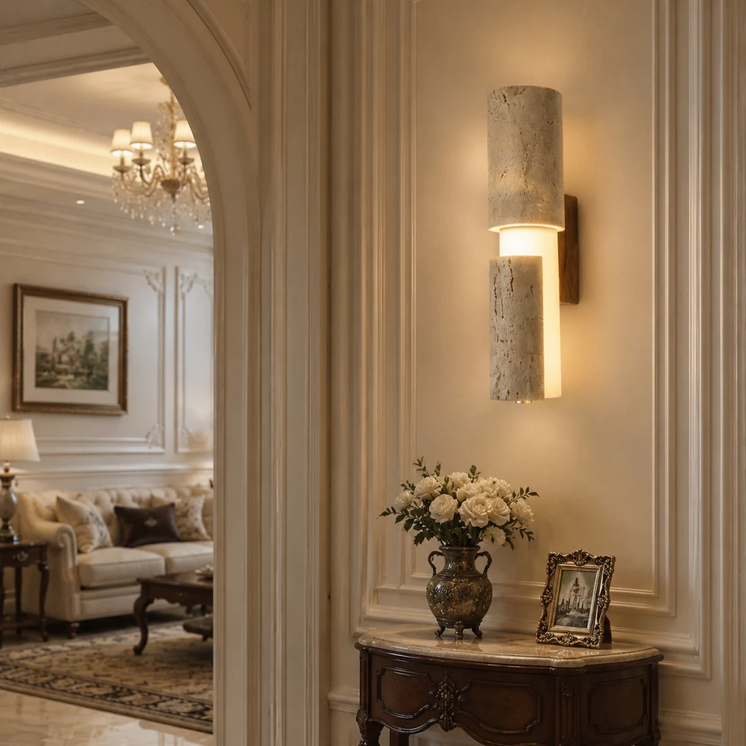 Lampada da parete singola in acrilico travertino installata accanto all'apertura del soggiorno