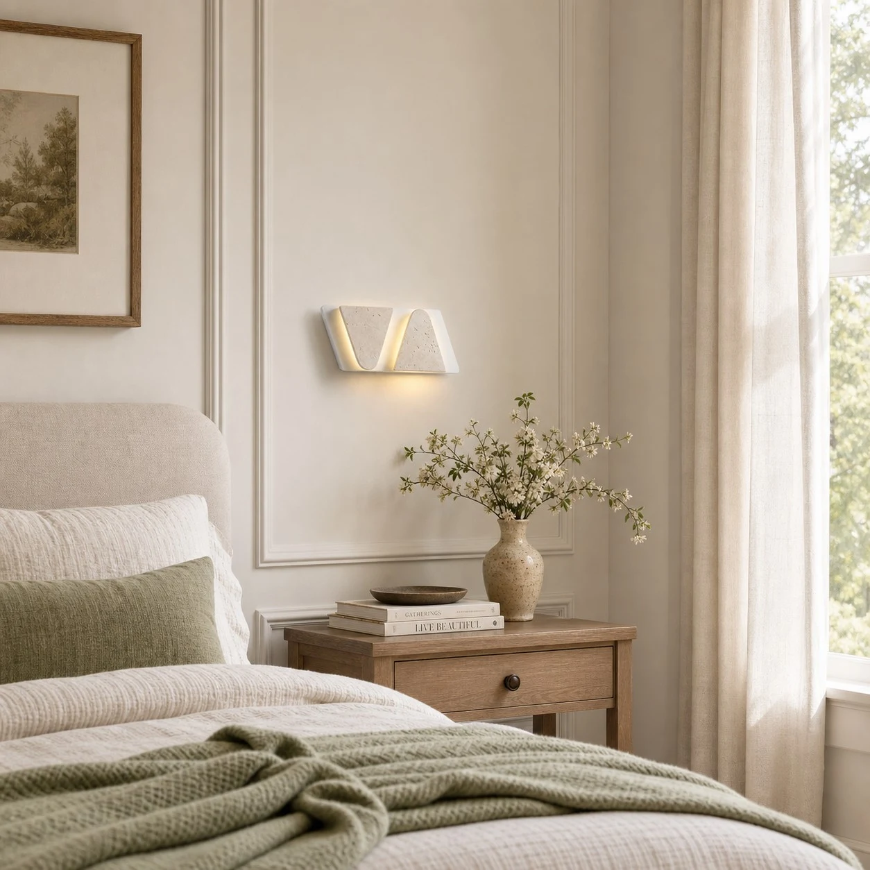 Applique a più teste con finitura effetto travertino installata accanto al letto