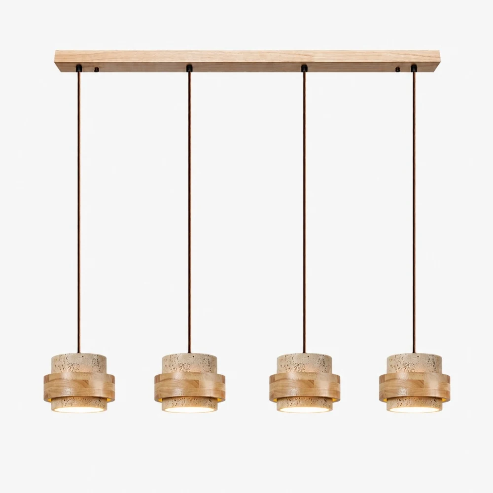 Lampada a sospensione lineare a quattro luci in legno di travertino, vista completa