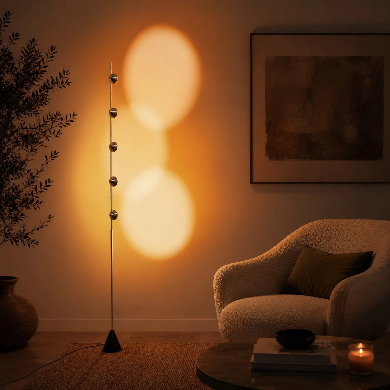 Lampada da terra con proiettore di tramonto accanto a una poltrona.