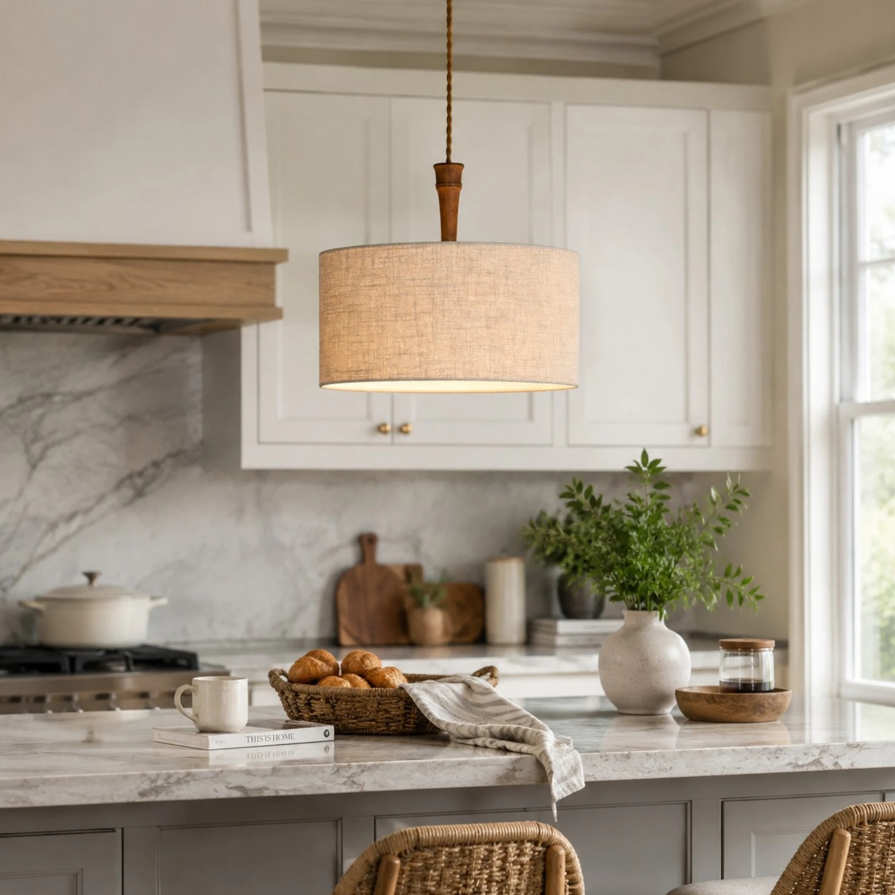 Lampada a sospensione cilindrica in lino naturale sopra il bancone della cucina.