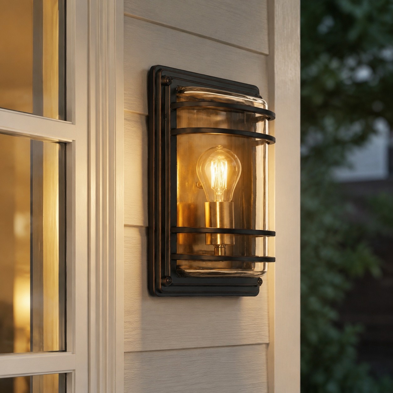 Small bronze glass outdoor wall sconce beside an entry window