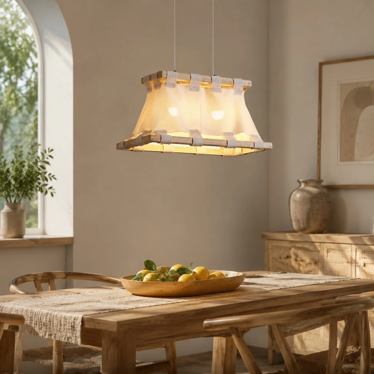 Altre inquadrature della stanza per dare un'idea delle dimensioni e dell'atmosfera. 4 Lampada a sospensione Wabi-Sabi in legno e tessuto