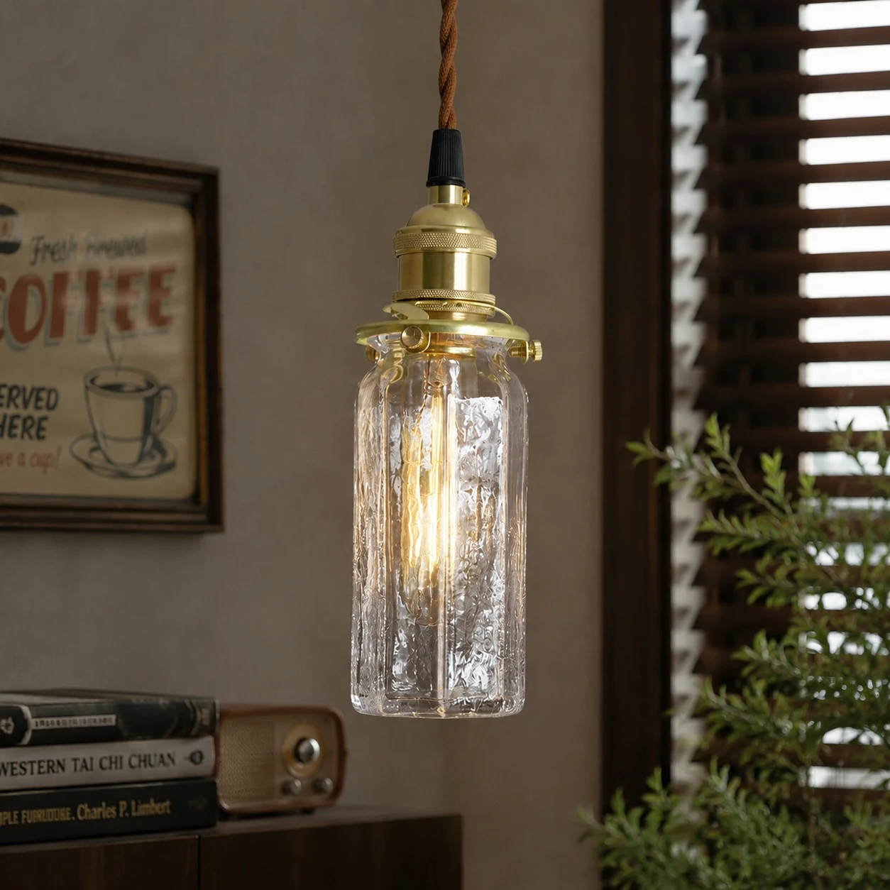 Pendant light near a window and plants