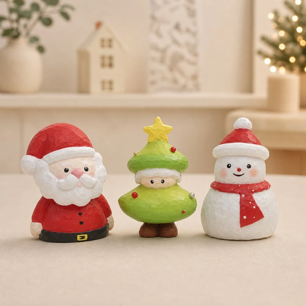 Adornos de madera de Papá Noel, muñeco de nieve y árbol de Navidad expuestos juntos.